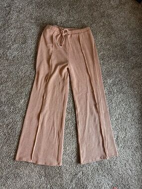 Lizard Thicket Boutique Ribbed Knit Wide-Leg Pants - Dusty Rose/Tan